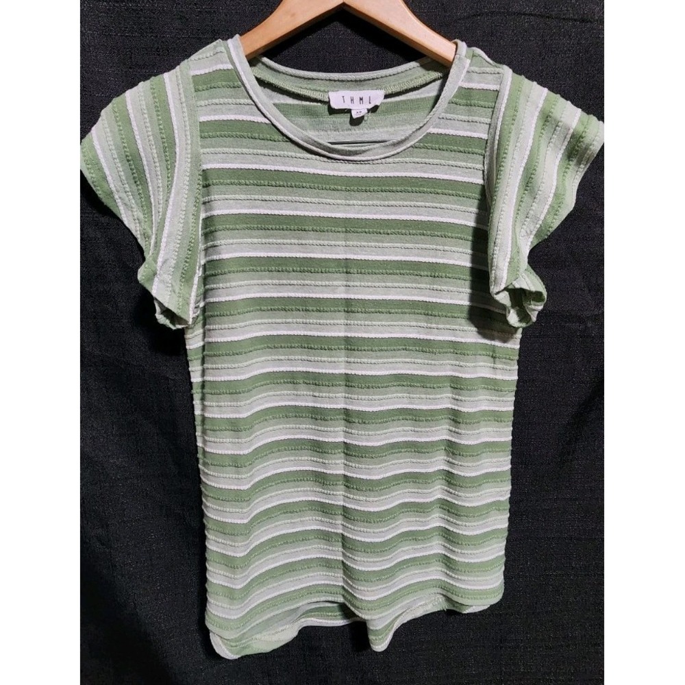 THML Anthropologie Stripe Ruffle Sleeve Peasant Top Sz XS Green Shirt Ribbed NEW